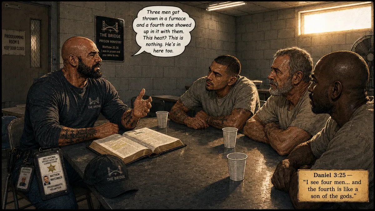  Prison minister teaches three inmates the Daniel furnace story in a hot Oklahoma corrections room.