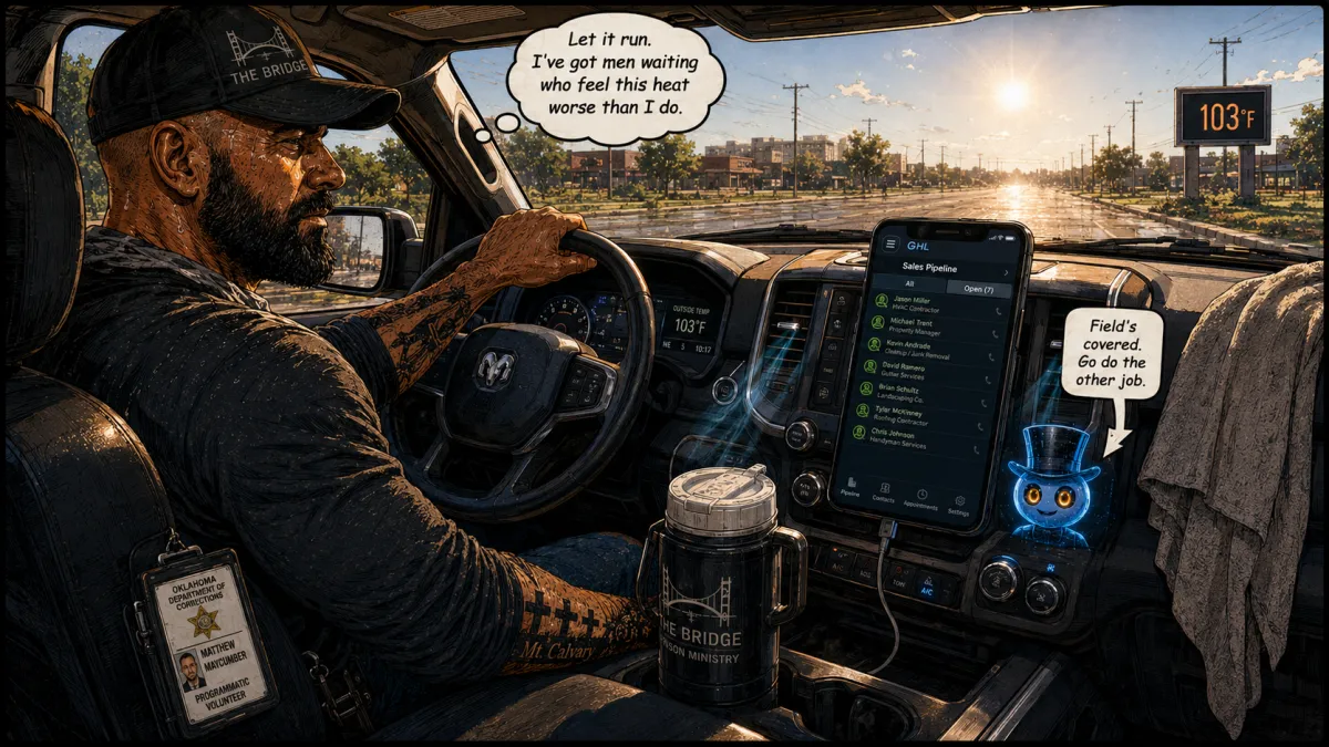 Owner drives in 103° heat as his AI pipeline books leads on the dash, headed to prison ministry. 
