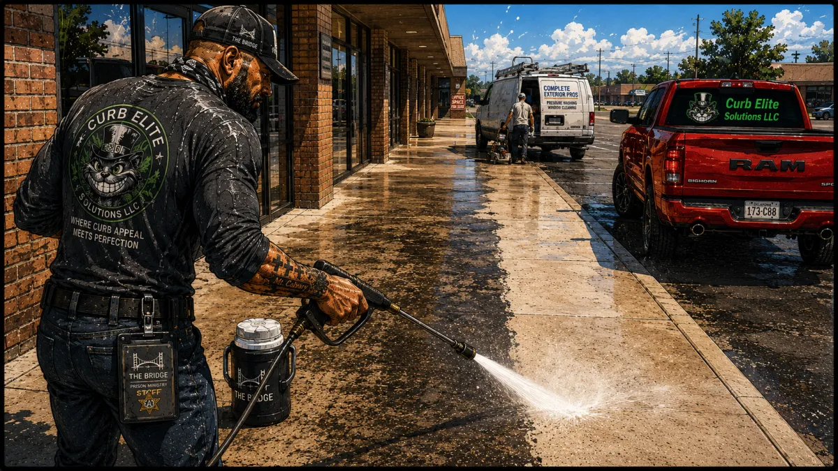Power washing a commercial walkway clean in extreme OKC heat as a rival crew quits early in the background.