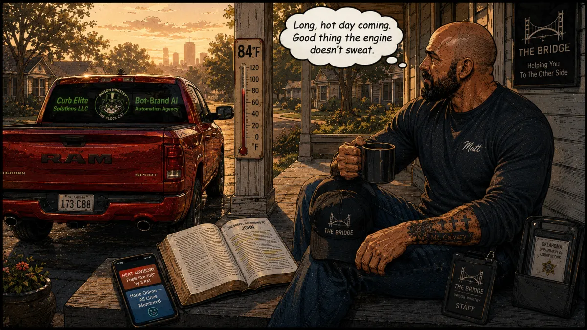 OKC owner reads Bible at hazy dawn on a July heat-advisory morning, AI phone service monitoring all lines.