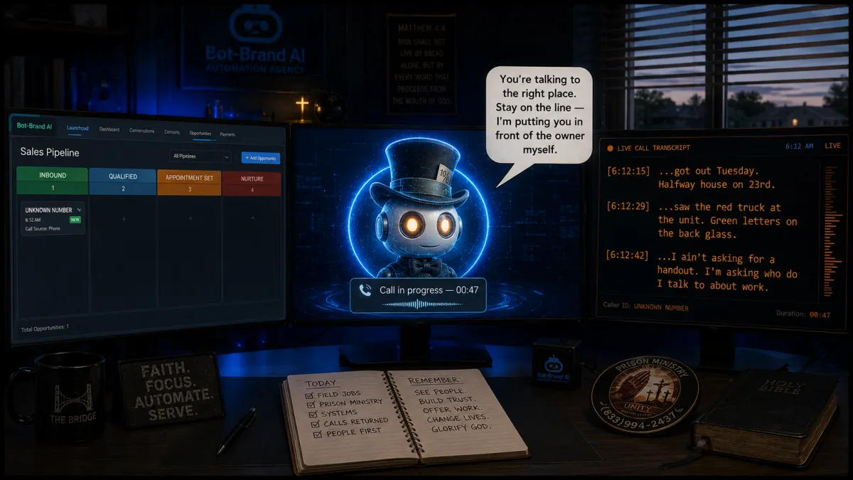 Bot-Brand AI answering service picks up a cold 6:12 AM call in an unmanned Oklahoma City office, live transcript showing a recently released man asking who to talk to about work.