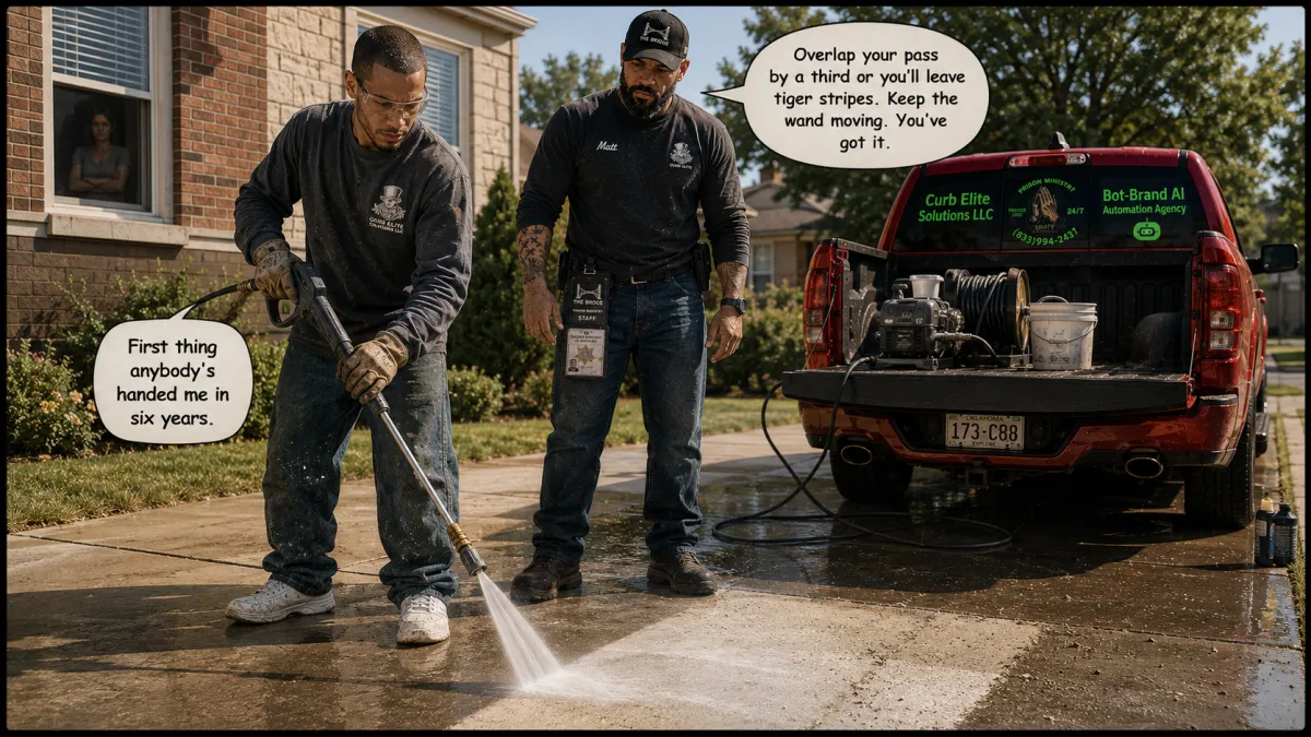 Curb Elite Solutions owner teaches a newly released man to run a power washer on a residential driveway, standing back so he can cut the first clean stripe himself.