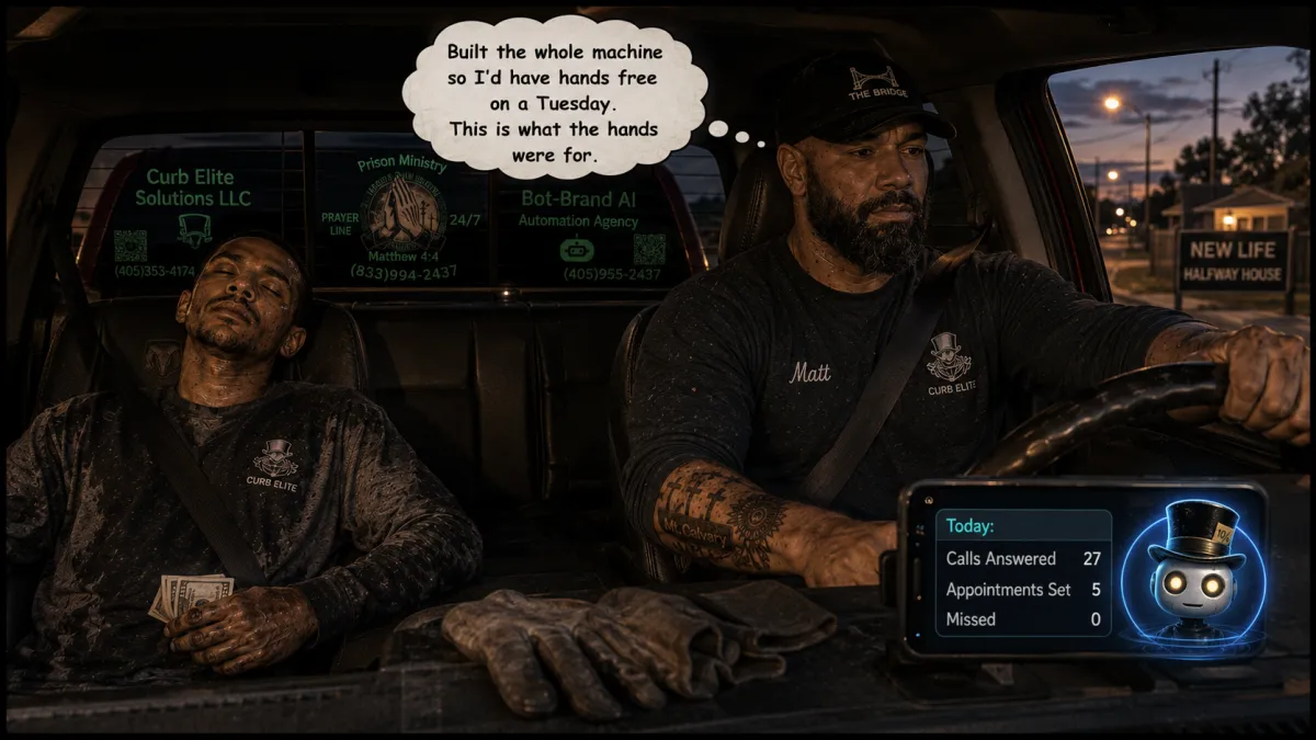  Bald bearded owner drives a newly hired formerly incarcerated worker home at dusk, ignoring the AI pipeline banner on his dash showing 27 calls answered and zero missed.
