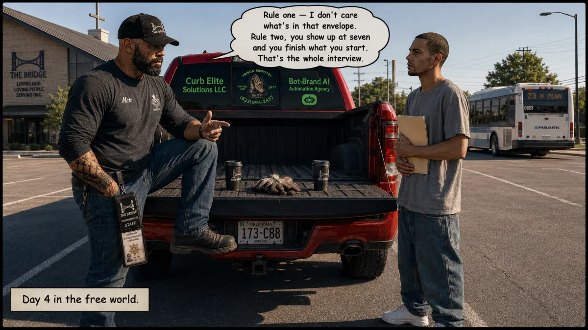 Oklahoma City business owner hires a man four days out of prison in a church parking lot, refusing to open his release paperwork and offering a spot on the crew instead.