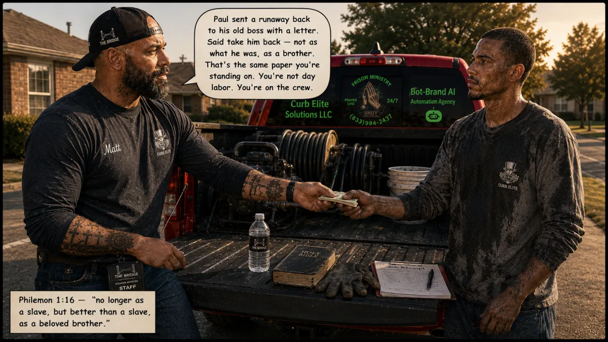 Oklahoma City business owner hands a formerly incarcerated crew member his first honest paycheck in six years off a truck tailgate, citing Philemon on receiving a man as a brother.
