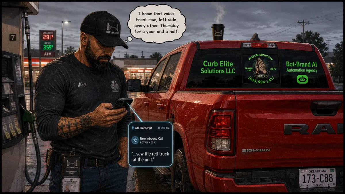 Bald bearded Oklahoma City business owner reads an early-morning AI call transcript at a gas pump and recognizes the voice of a man he ministered to in prison.