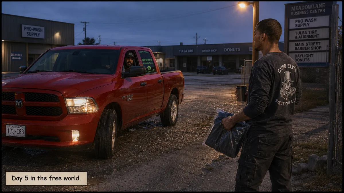 A man five days out of prison waits in a gravel lot at dawn for his second day of work as an Oklahoma City business owner pulls up in a flame-red work truck.