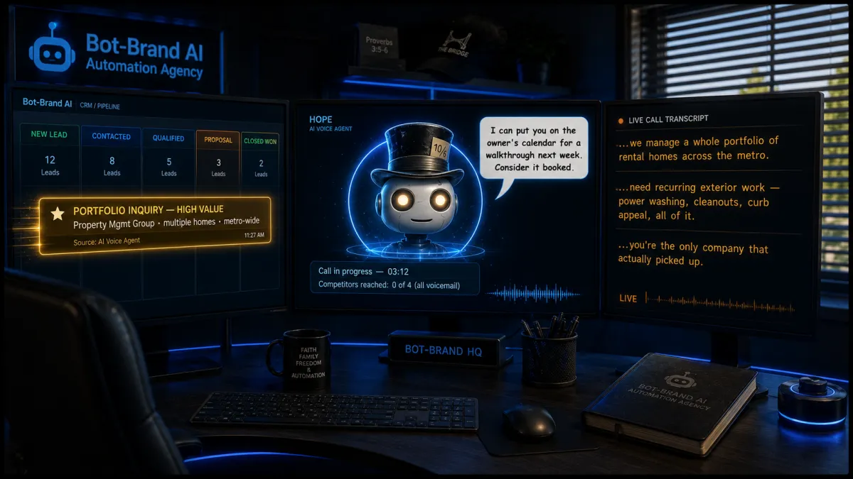 Bot-Brand AI answering service captures a high-value property management portfolio lead in an unmanned Oklahoma City office after three competitors send it to voicemail.