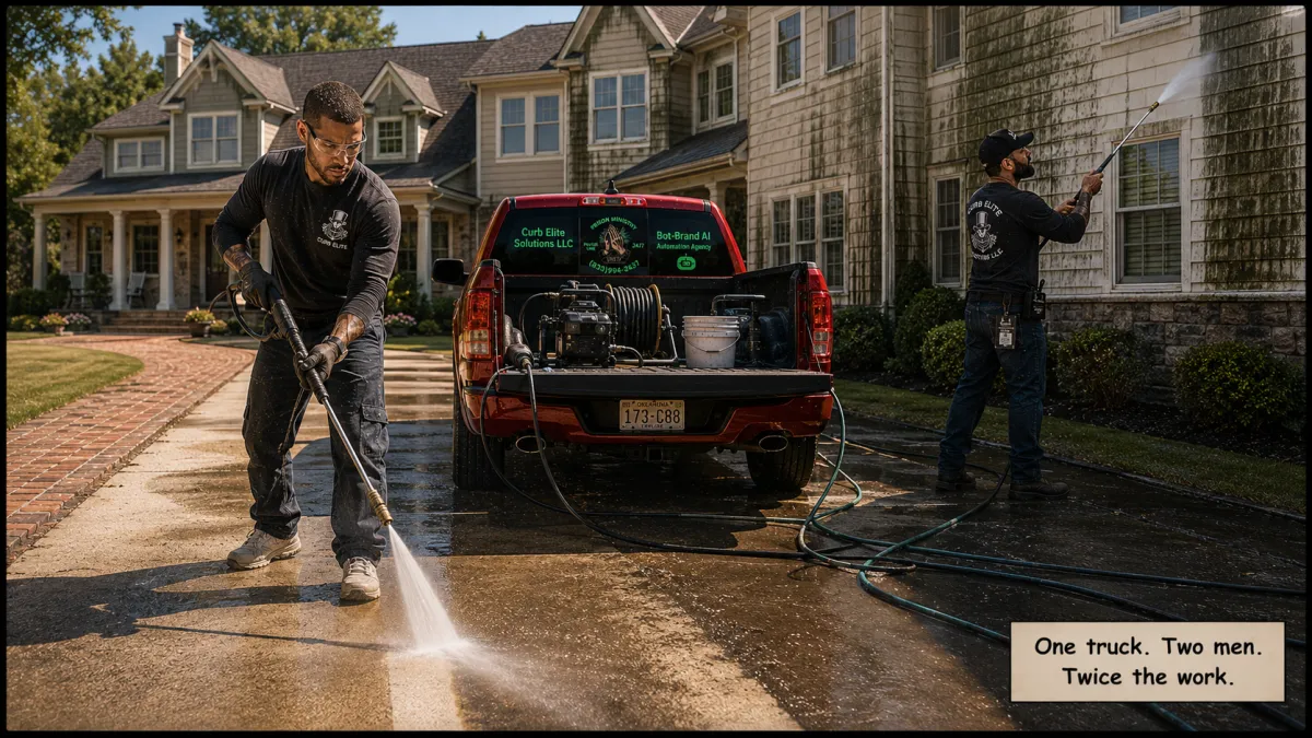  Two Curb Elite Solutions workers power wash a residential property together in Oklahoma City, finishing a driveway and siding in half the time one man could.