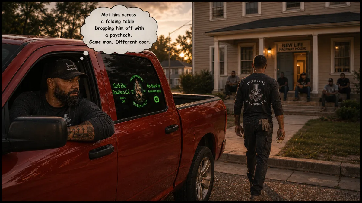 Oklahoma City minister and business owner drops a newly hired formerly incarcerated worker at a halfway house at dusk, watching him walk in employed with honest pay in hand.