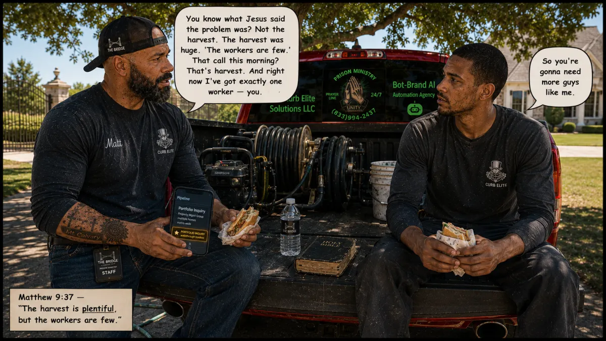 Oklahoma City business owner shares lunch on a truck tailgate with a newly hired formerly incarcerated worker, quoting Matthew 9:37 as a booked portfolio walkthrough waits on his phone.
