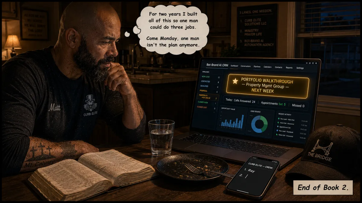 Oklahoma City business owner sits alone at night looking at a gold-flagged property management portfolio lead and a one-name crew list, realizing one truck is no longer enough.
