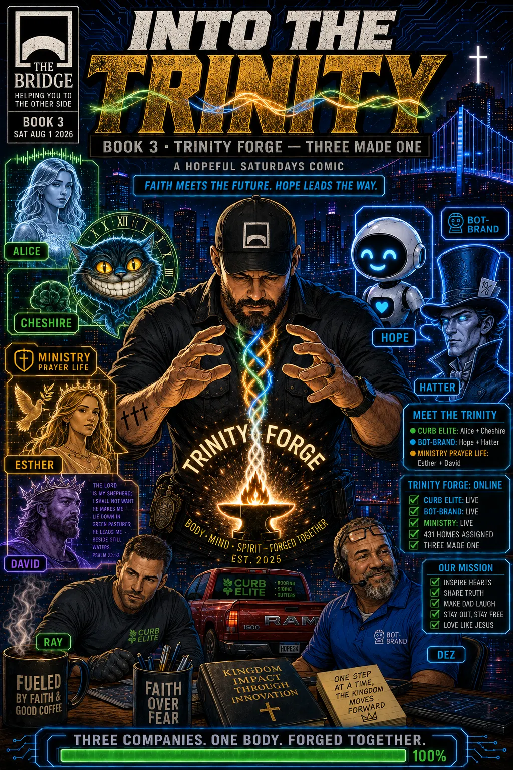 Trinity Forge illustration — Matt forging the three-strand cord uniting Curb Elite Solutions (Alice & Cheshire), Bot-Brand (Hope & Hatter), and Ministry Prayer Life (Esther & David) AI agents