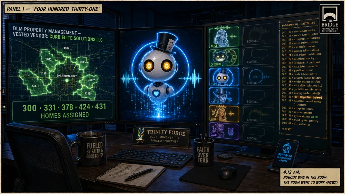 An unmanned Oklahoma City AI automation office receives a 431-home property management vendor assignment at 4:12 AM as six AI agents come online without a human present.