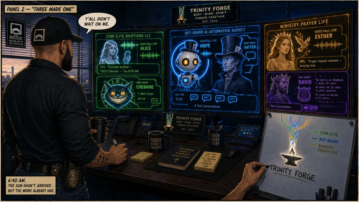 Oklahoma City business owner watches six AI agents run his exterior maintenance company, automation agency, and ministry at once, then names the unified brand Trinity Forge.