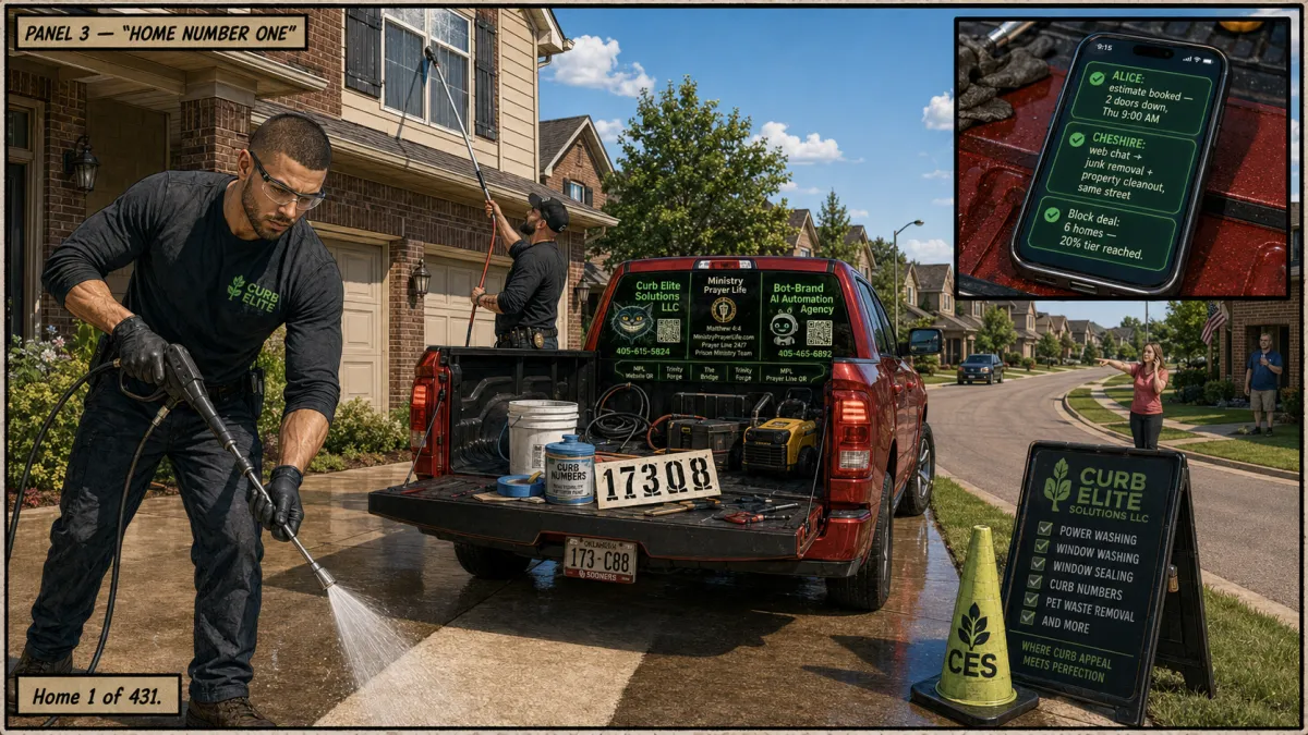 A two-man Curb Elite Solutions crew power washes the first of 431 assigned property management homes in Edmond, Oklahoma, while AI books neighbors on the same street.