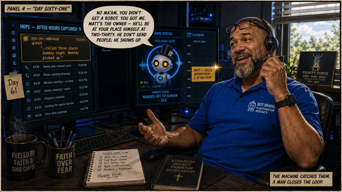A newly hired formerly incarcerated appointment setter at Bot-Brand calls back nine after-hours AI-captured leads and books a same-day sales appointment three competitors missed.A newly hired formerly incarcerated appointment setter at Bot-Brand calls back nine after-hours AI-captured leads and books a same-day sales appointment three competitors missed.