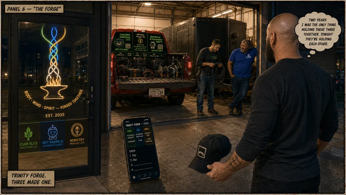 Oklahoma City owner stands in a lit shop bay at night looking at the new Trinity Forge brand mark as his exterior maintenance, AI automation, and ministry run as one body.