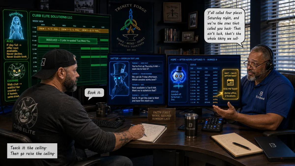 An Oklahoma City owner writes new rules for his AI scheduling agents, capping each crew at five jobs a day with a never-decline waitlist, while his Bot-Brand appointment setter books a two-location dental client for 4 PM.