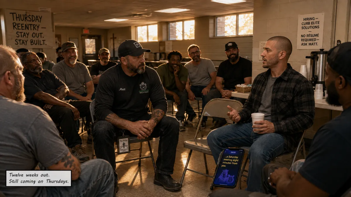 A Thursday reentry circle in an Oklahoma City church fellowship hall, a dozen men in folding chairs under a Stay Out, Stay Built poster, with a Curb Elite Solutions hiring sheet on the wall reading no resume required, ask Matt.