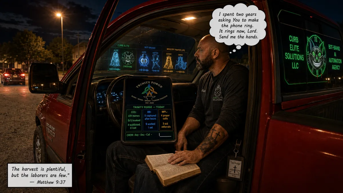 An Oklahoma City owner sits in the open door of his truck at night with an open Bible on his knee and a Trinity Forge dashboard beside him listing the day's numbers and a crew of Ray, Dez and Cal, with a fourth line still blank.