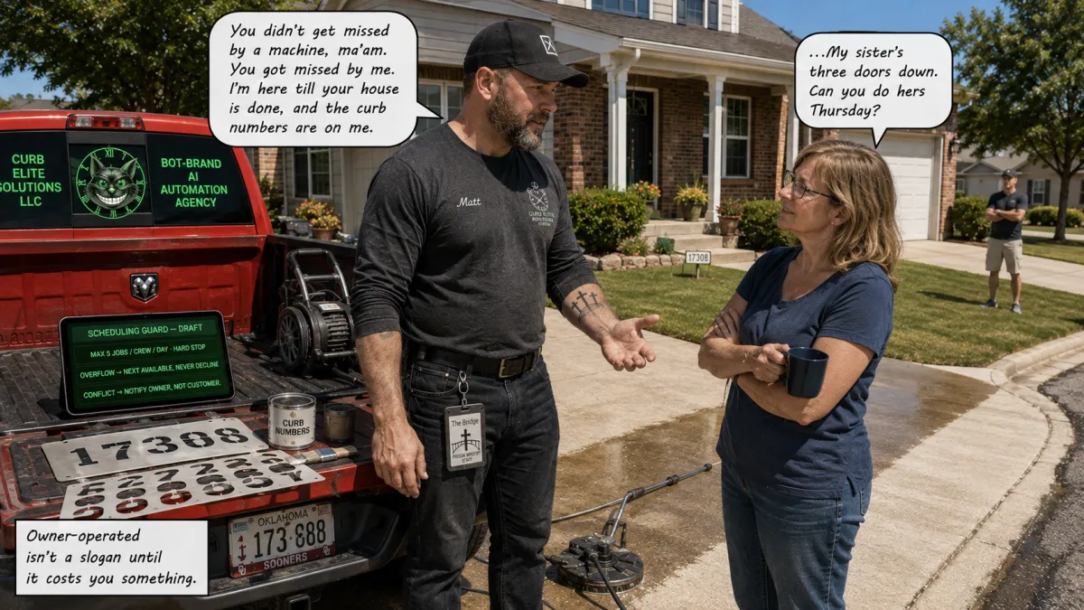 The owner of Curb Elite Solutions stands in an Edmond driveway with his cap off, telling a homeowner he was missed by a man and not a machine, his red Ram and pressure washer behind him and free curb-number stencils on the tailgate.