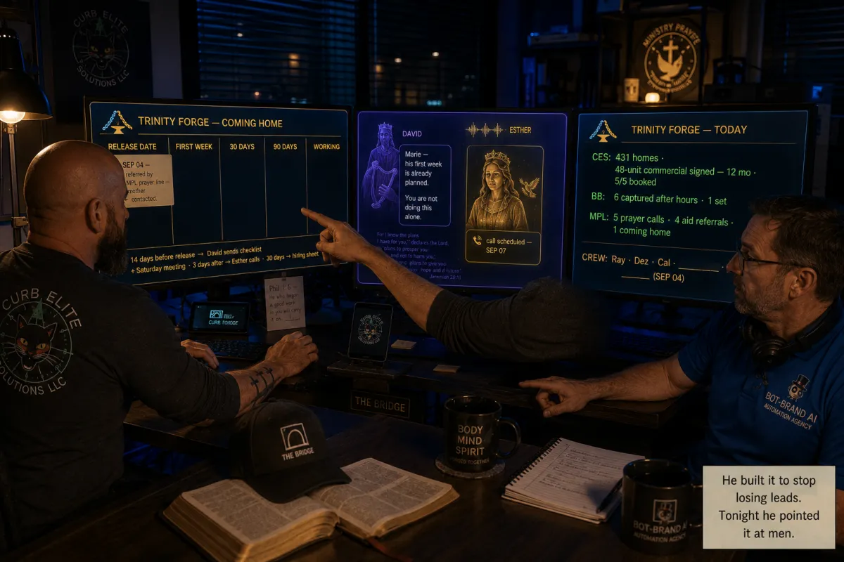 Two men at Bot-Brand HQ at night pointing to a Trinity Forge pipeline board mapping every lead stage, a Bible and coffee mugs on the desk beside them.