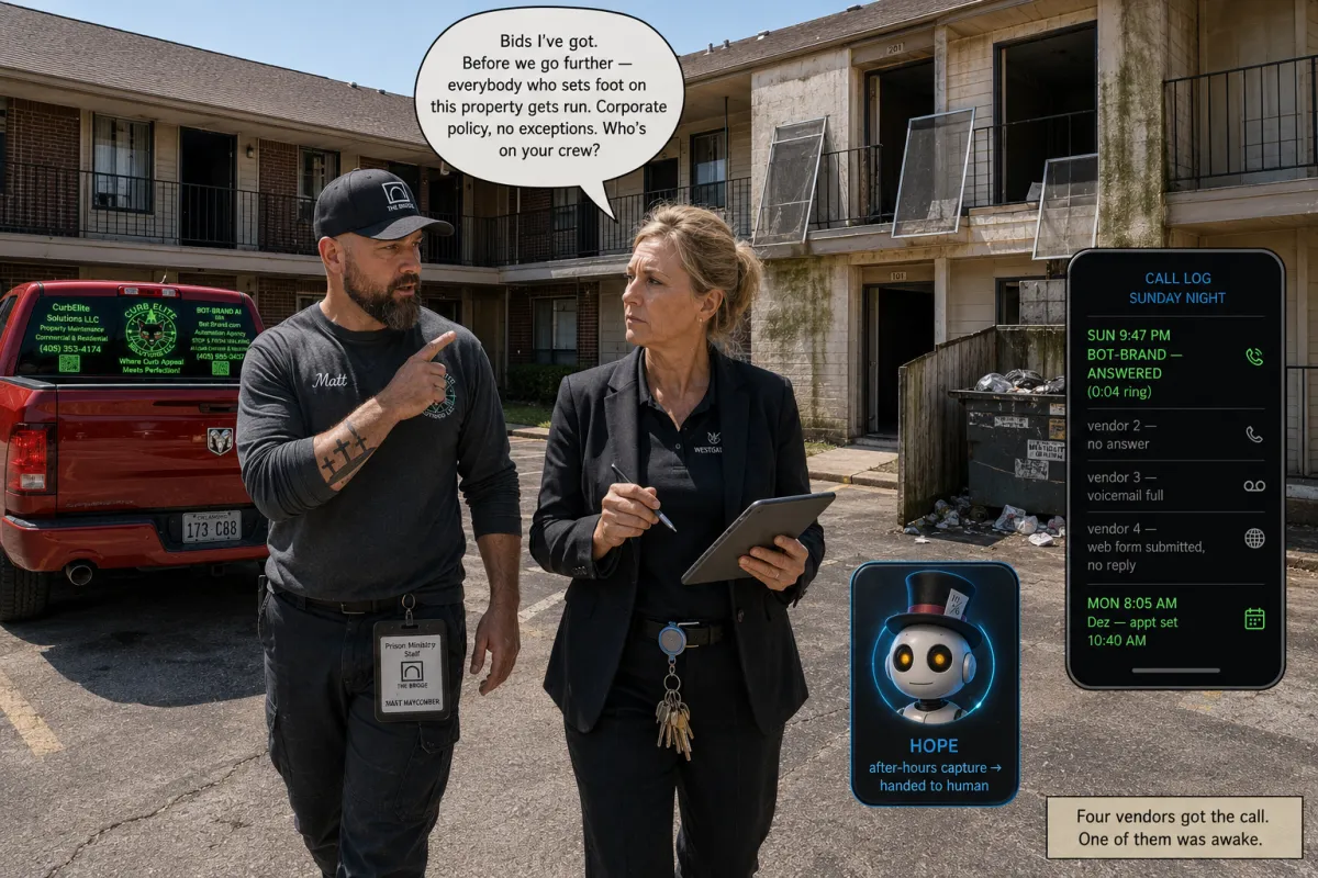 Curb Elite Solutions owner meeting a property manager outside a 48-unit Northwest OKC apartment community, phone showing the Bot-Brand AI voice agent that answered her 9:47 PM call.
