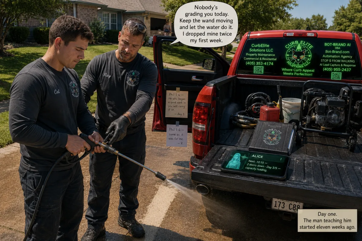 Two Curb Elite Solutions technicians pressure washing beside a branded red work truck in Edmond, Oklahoma, on a new hire's first morning, gear staged from the tailgate.