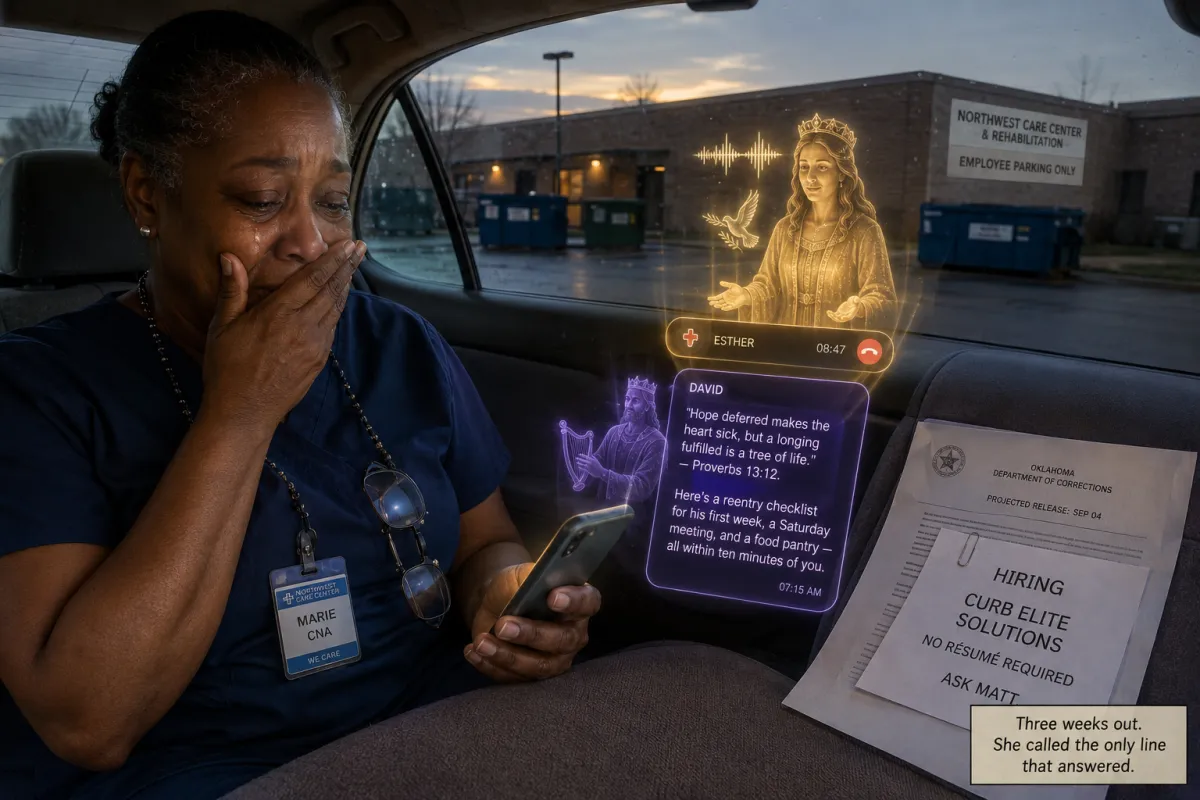 Woman in her car at dawn in a Northwest Oklahoma City employee lot, hand over her mouth, calling the Ministry Prayer Life number off a flyer as the prayer line answers on the second ring.