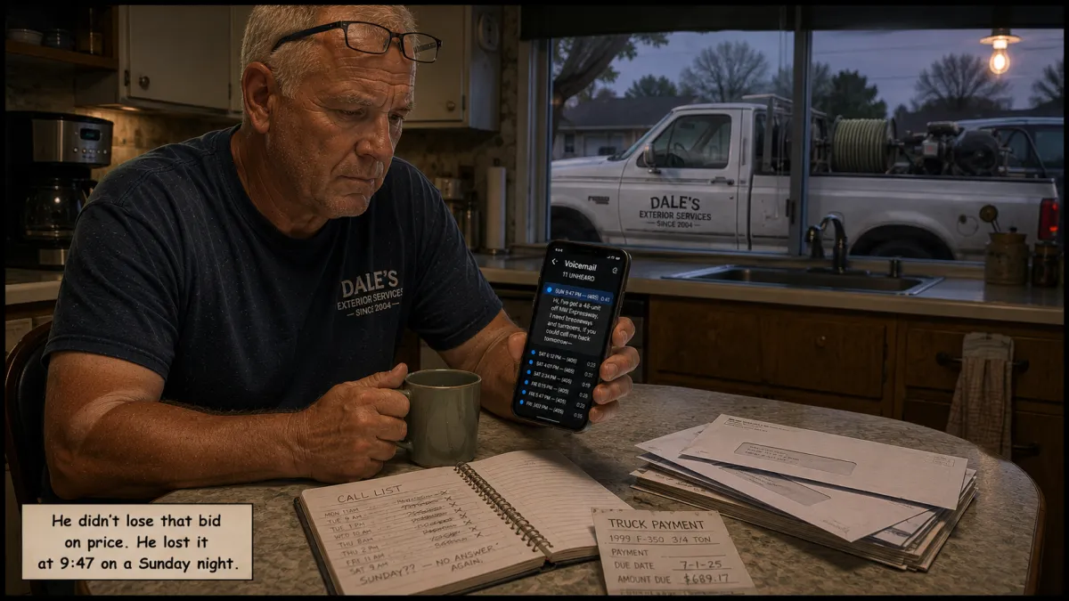 Exterior services owner at his South Oklahoma City kitchen table before dawn with coffee and bid paperwork, scrolling the phone that never rang at 9:47 on a Sunday night.