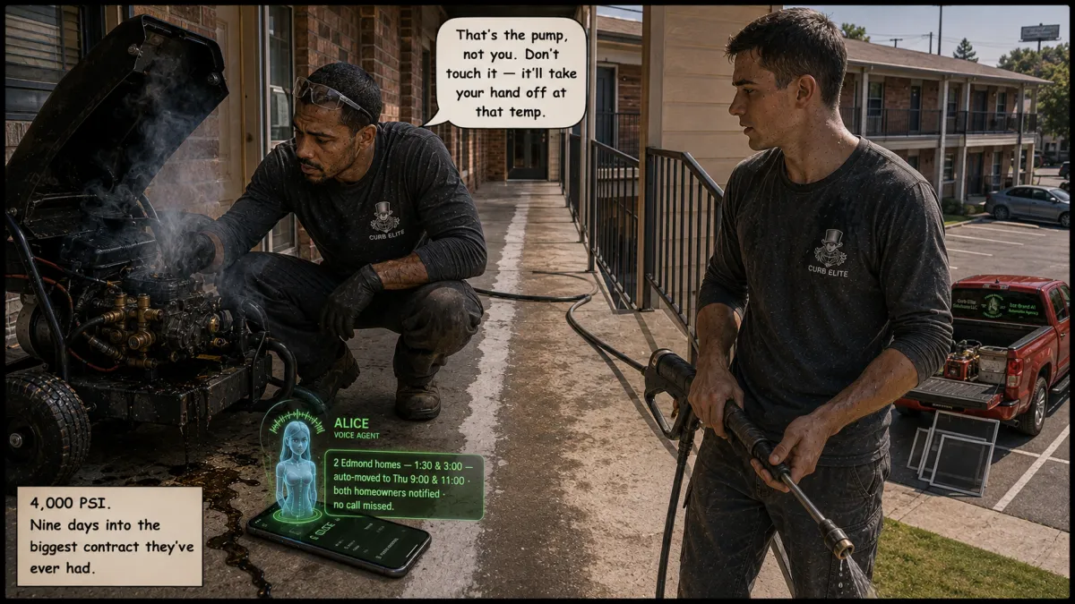 Two Curb Elite Solutions technicians in a Northwest OKC apartment breezeway as a 4,000 PSI pressure washer smokes and seizes mid-job, one crouched over the unit, one holding the wand.
