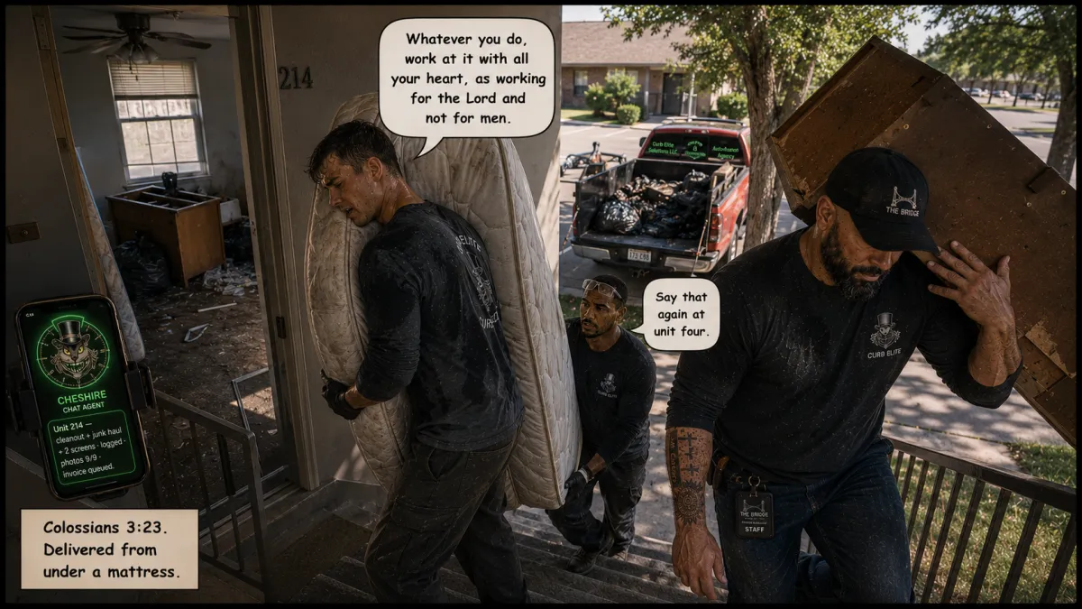 Curb Elite Solutions crew carrying a mattress out of turnover unit 214 in Northwest OKC during a junk-haul cleanout, Colossians 3:23 stenciled on the frame.
