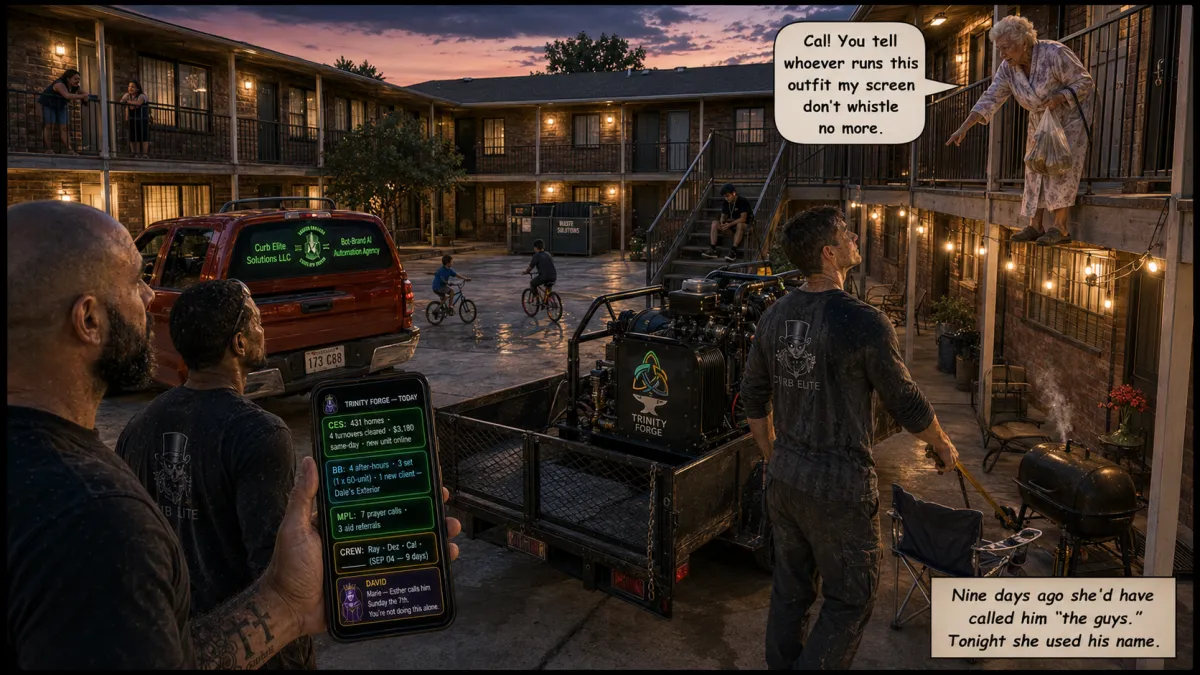 Curb Elite Solutions crew loading a trailer in a 48-unit apartment courtyard at dusk as the property manager calls a technician by his first name from the second-floor landing.