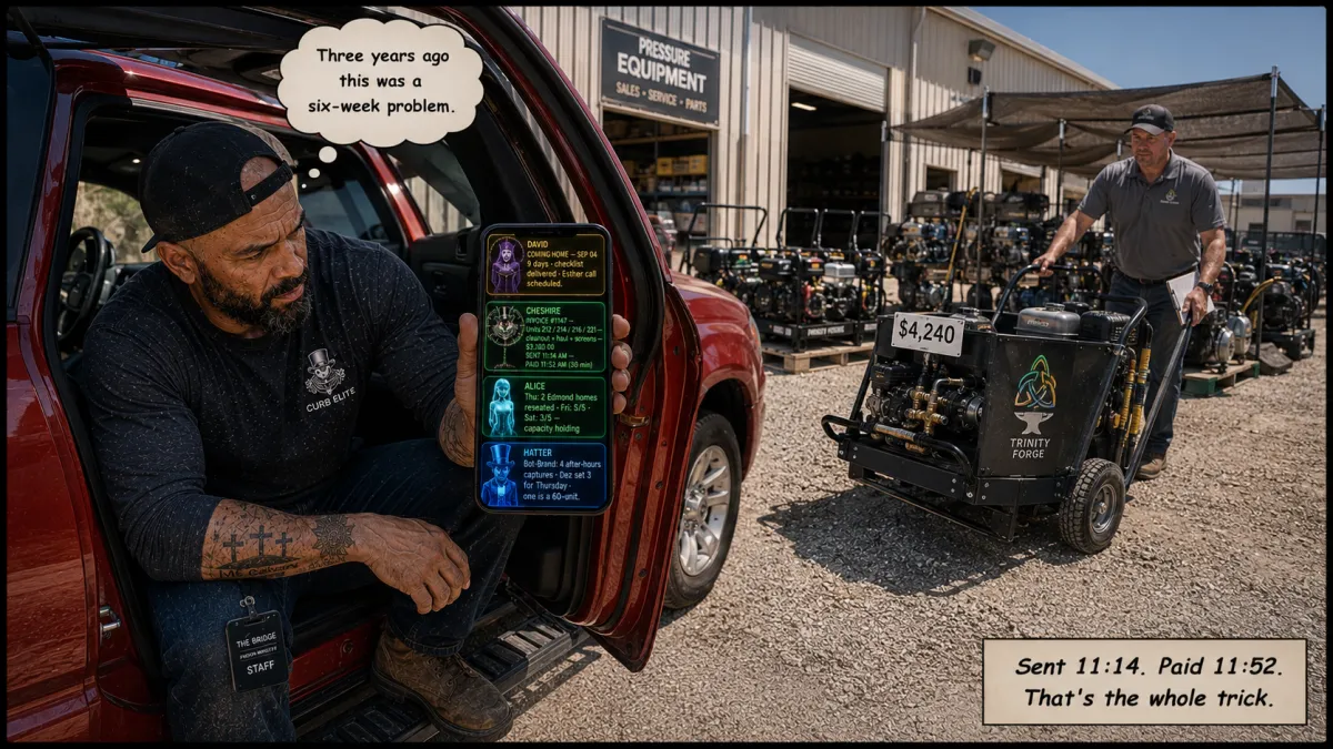 Curb Elite Solutions owner at a Northwest OKC equipment dealer lot loading a replacement pressure washer, phone showing an automated invoice sent at 11:14 and paid at 11:52.