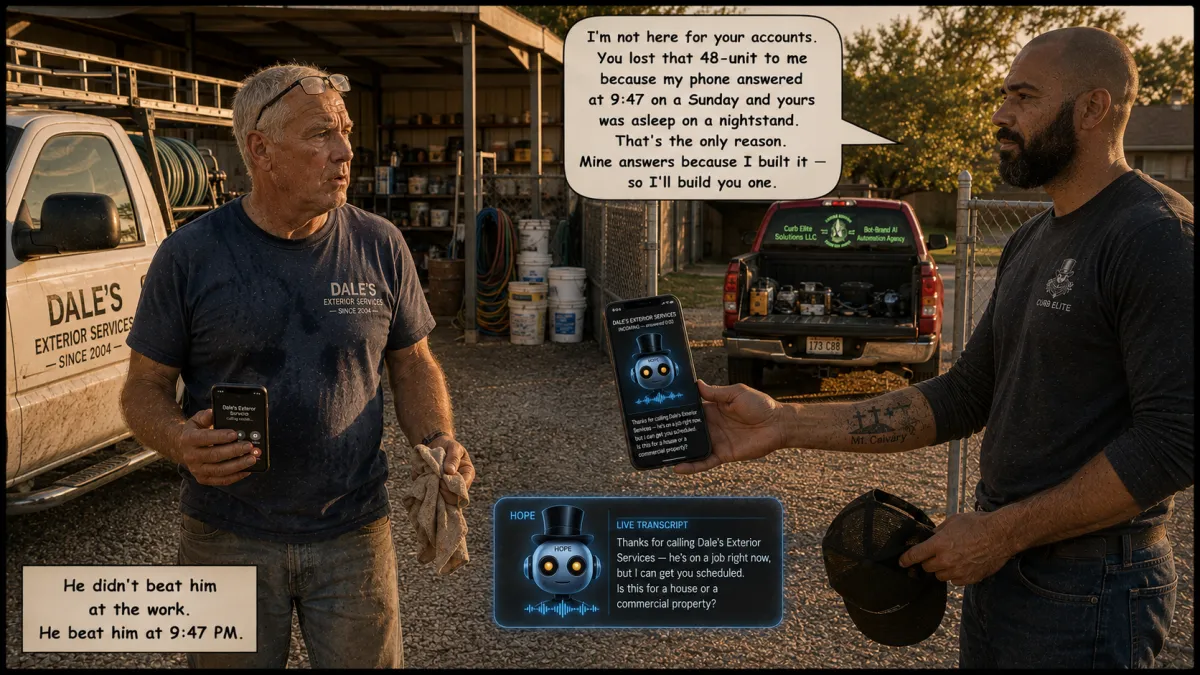 Curb Elite Solutions owner at a South Oklahoma City yard at dusk showing a competing exterior contractor the Bot-Brand AI phone agent that answered the 9:47 PM call he missed.