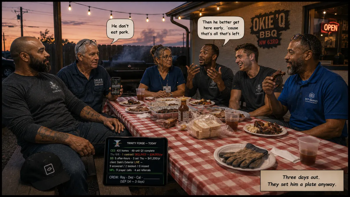 Curb Elite Solutions crew laughing over barbecue on the back patio of a NW 63rd barbecue joint at sunset, gathered around a red checkered table with one place set and empty at the far end.