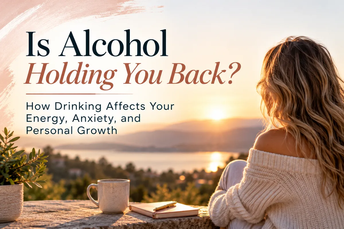 Woman looking at a peaceful sunset with the words "Is Alcohol Holding You Back?" exploring how drinking affects energy, anxiety, and personal growth.
