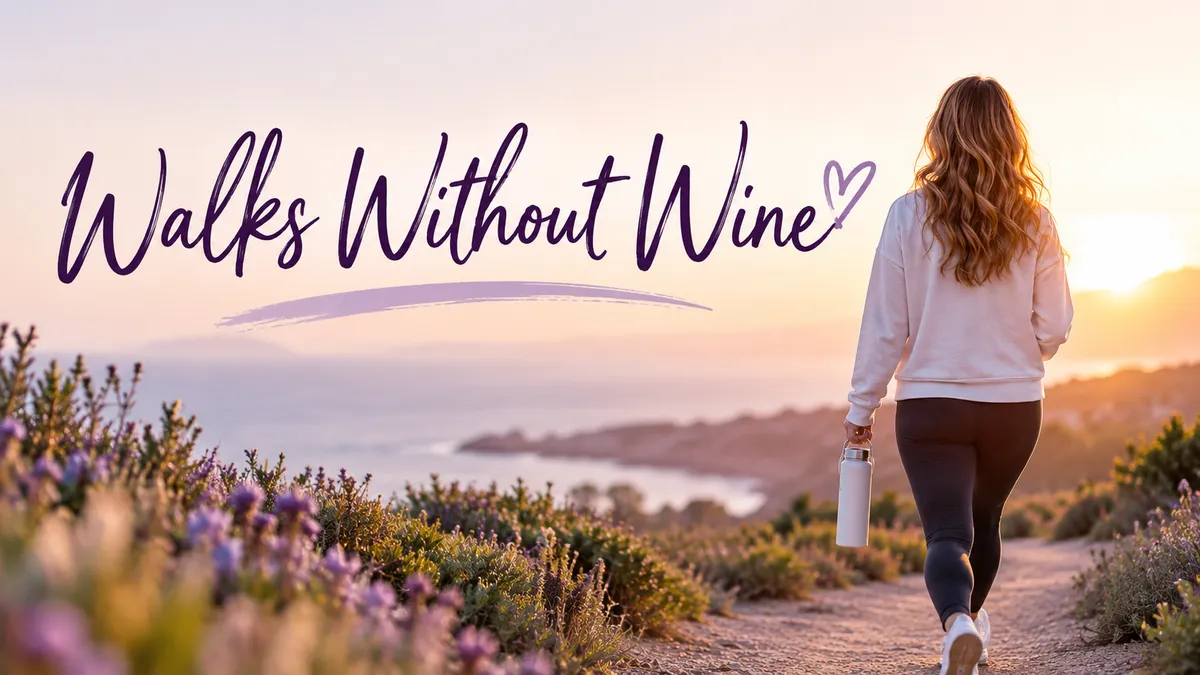 Woman walking along a peaceful coastal path at sunset with purple flowers, featuring the words “Walks Without Wine,” a free audio series about rethinking your relationship with alcohol and embracing an alcohol-free life.