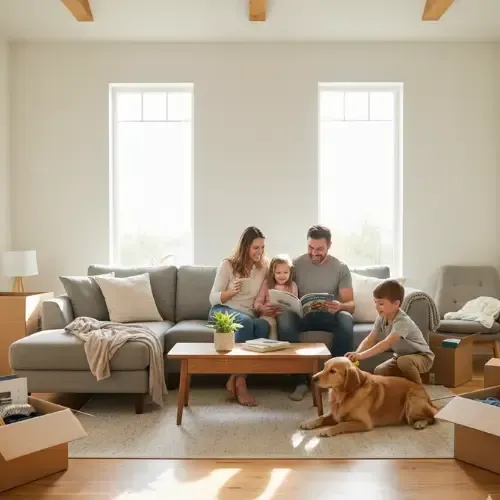 Happy family unpacking boxes in their new home