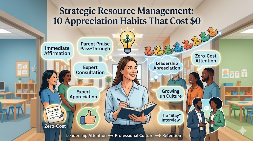 A professional childcare leadership graphic highlighting “10 Appreciation Habits That Cost $0,” focused on building strong staff relationships through recognition, respect, and leadership presence rather than financial incentives.