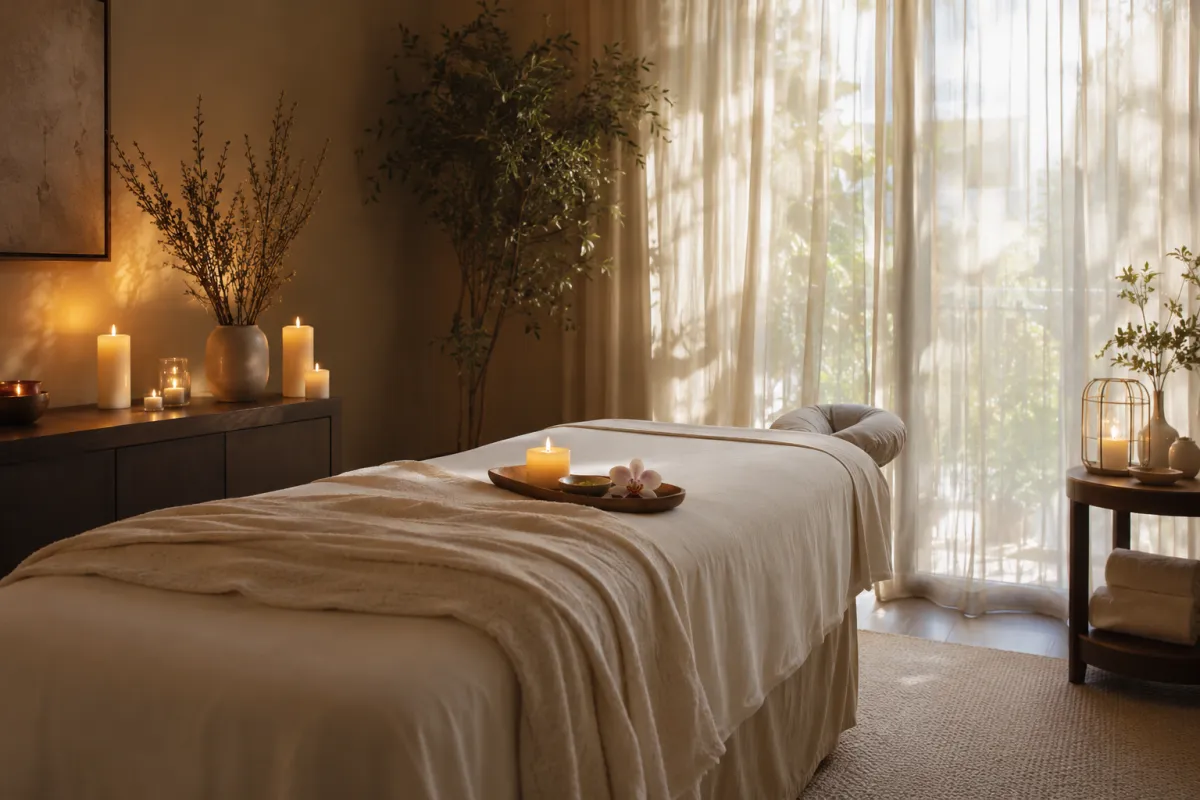 Peaceful massage room with massage table and candles lit.