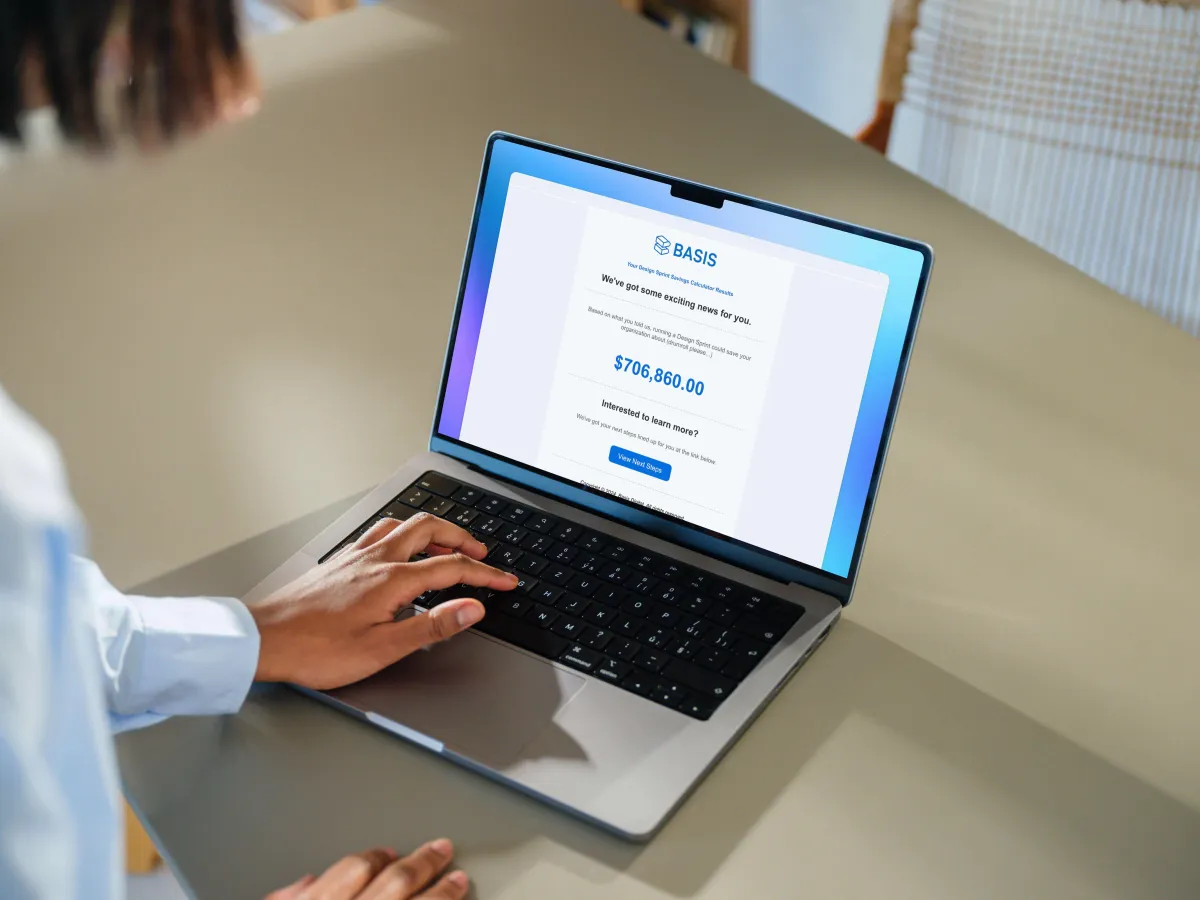 A product professional with their Design Sprint Savings Calculator results - a number in the high 6 figures.