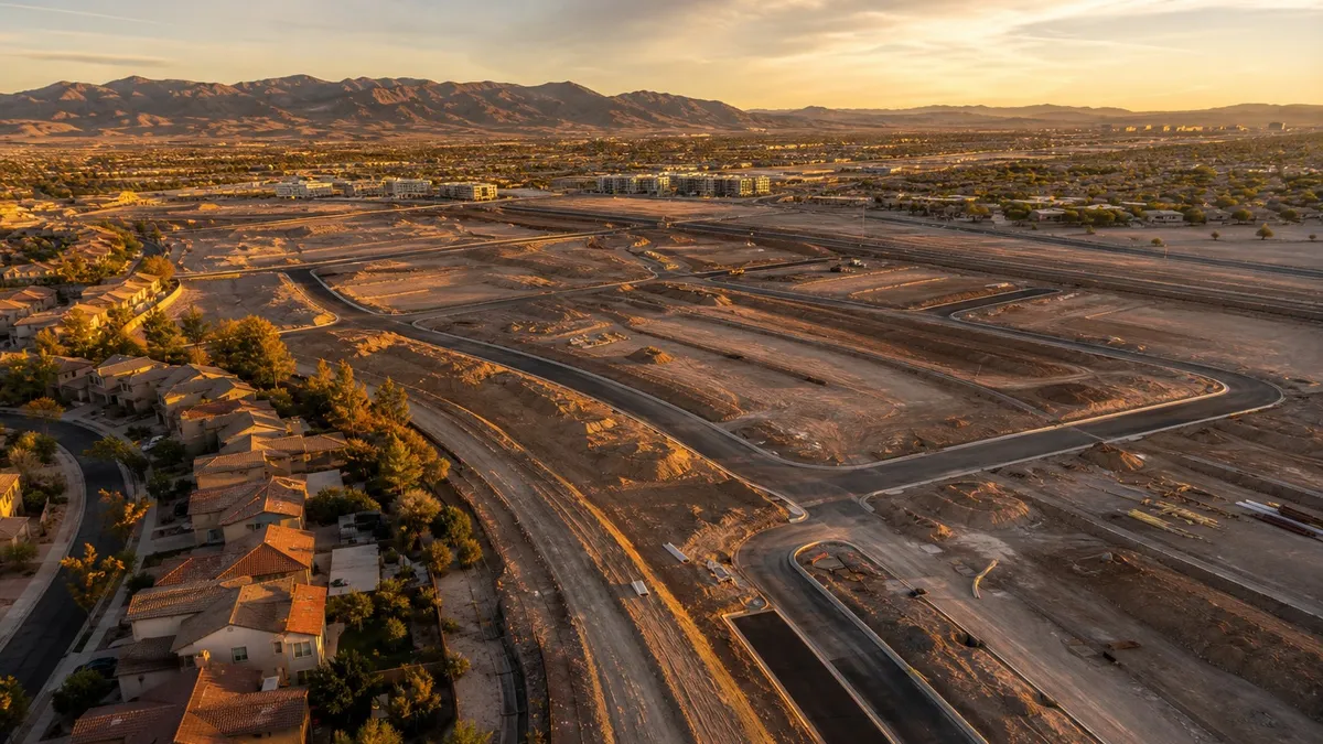 West Henderson and Inspirada-area construction with developing neighborhoods, future retail, apartments, and infrastructure.
