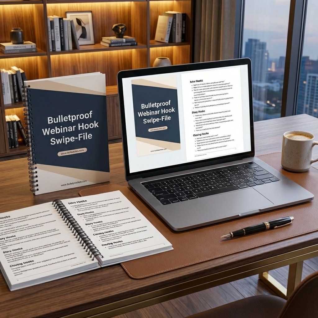 3D Render eines digitalen Webinar-Setups mit schwebenden Screens und goldenen Akzenten