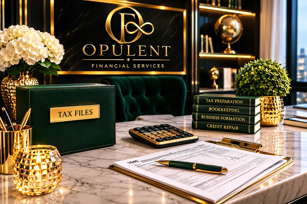 Luxury tax office desk scene with emerald tax document folder, calculator, and paperwork
