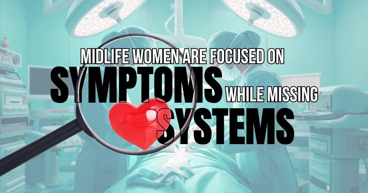 Midlife woman reviewing health information while learning how perimenopause impacts cardiovascular health, cholesterol, blood pressure, and long-term heart disease risk. Educational content focused on women's heart health during the menopause transition.