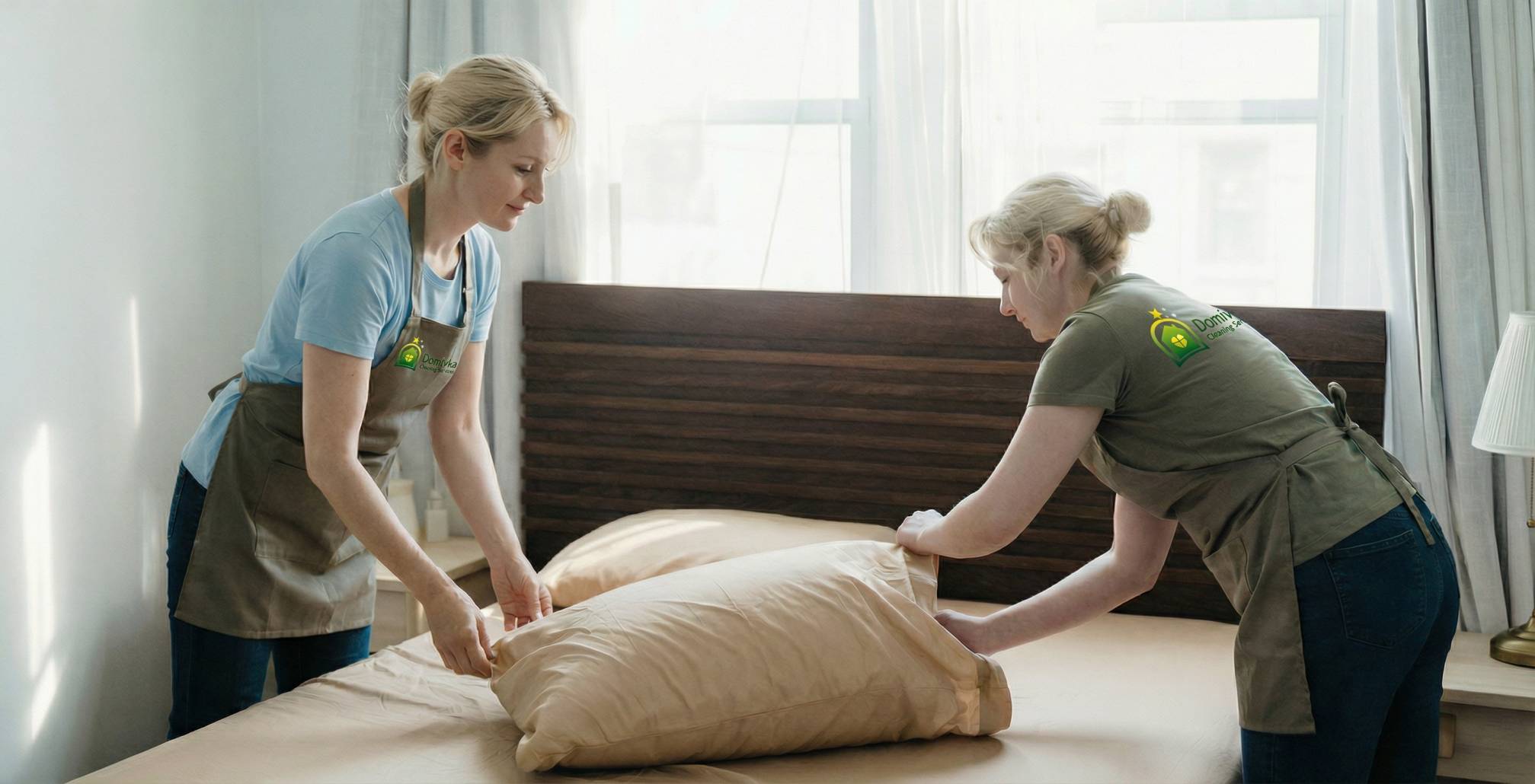 2 cleaners tidying up the bed