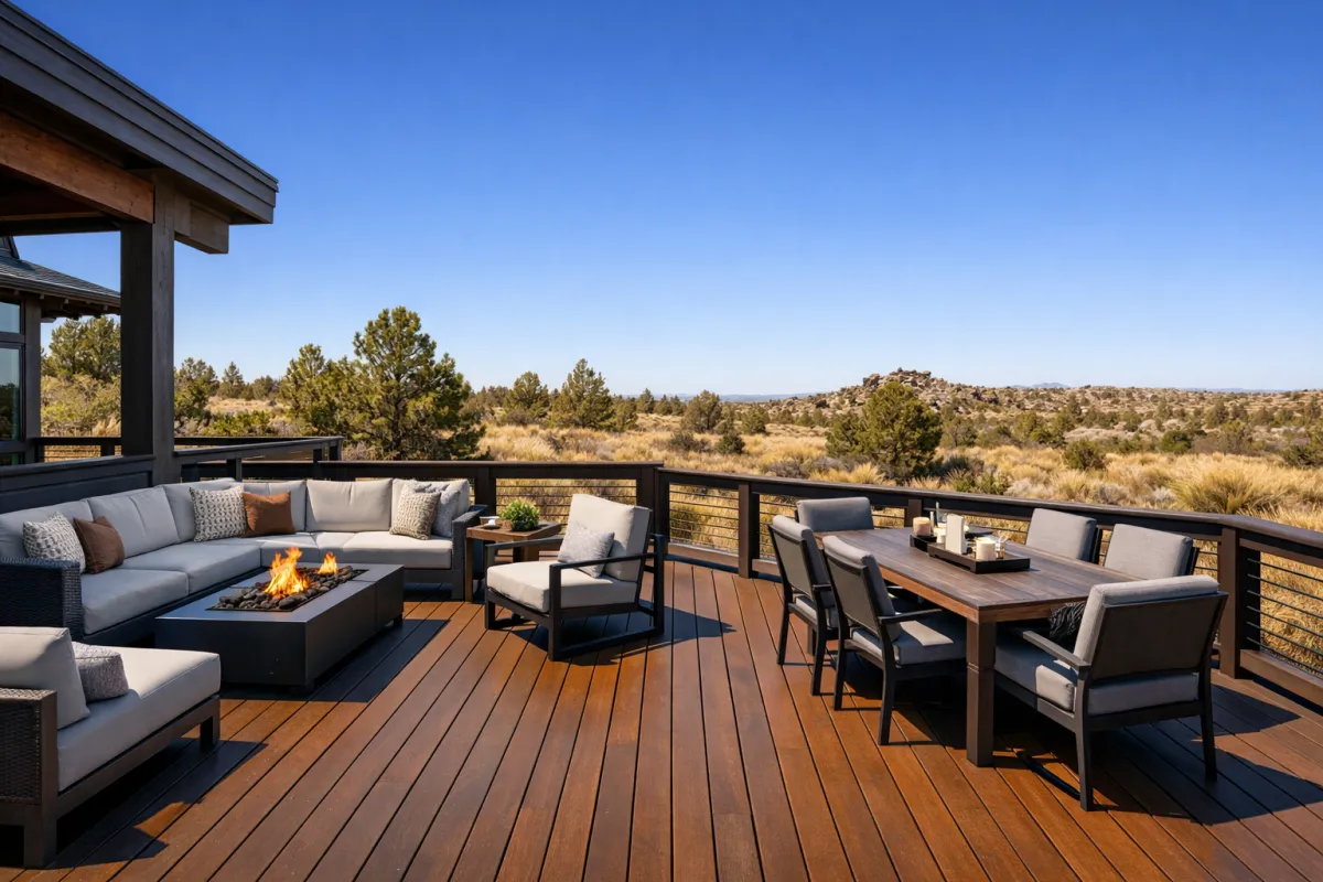 Freshly stained wooden deck and handrail with solid body stain overlooking a High Desert landscape in Bend Oregon