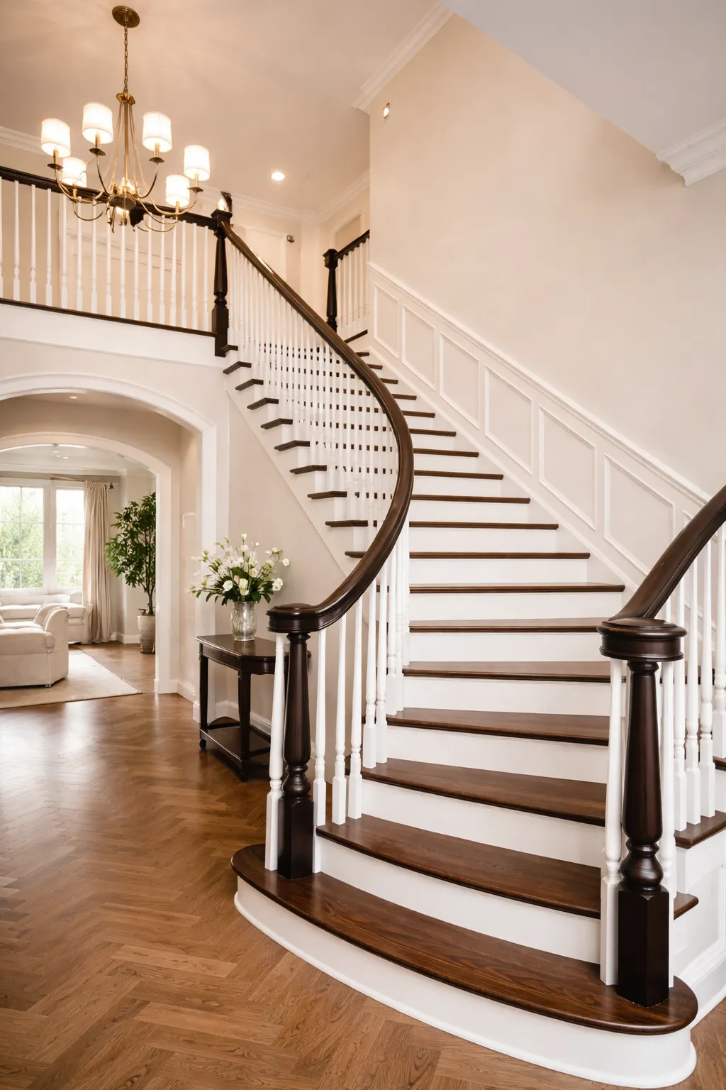 Meticulous staircase and woodwork refinishing in the High Desert, featuring expertly painted spindles and stained handrails for a stunning entryway.